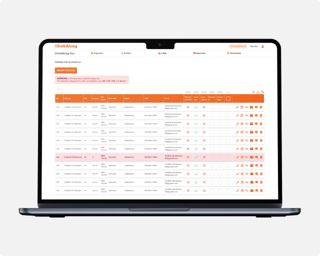 ClimbAlong competition and athlete management on a laptop