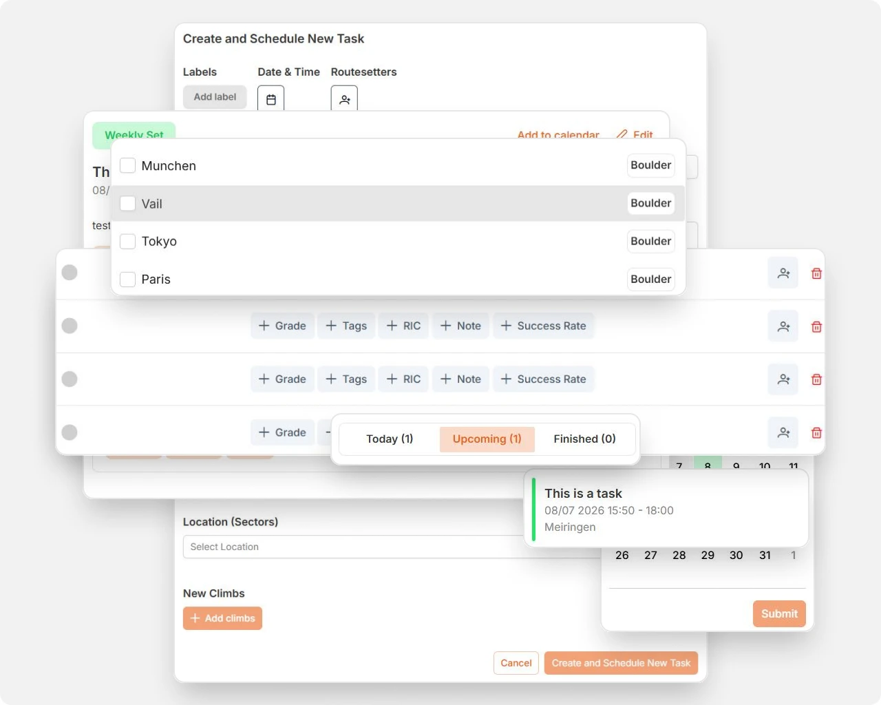Routesetting calendar, task templates and team assignments